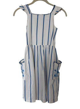 Rachel Zoe Dress Girls Size 8 Embroidered Pockets White Blue Stripes 100% Cotton